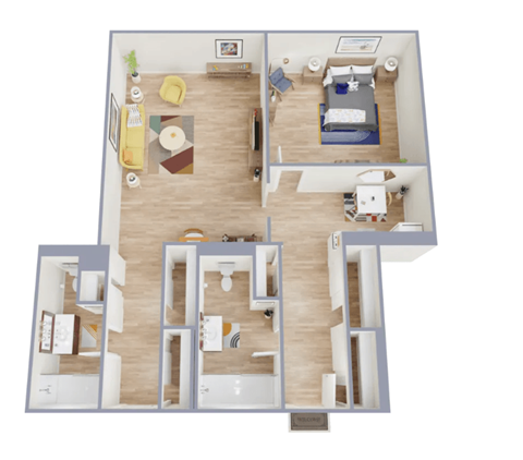 Floor plan for 1 bed, 2 baths, 720 sqft
